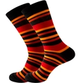 Close-up of striped crew socks in black, red and orange with knitted cotton texture - Black Cuff Fine Stripes