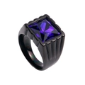 Macro shot of men's black stainless steel ring featuring a square purple gemstone insert - US 10 / Black Base Blue Gemstone