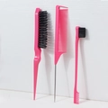 3-piece pink hairstyling comb set including teasing brush, tail comb, and edge brush tools - Three-Piece Set / Rose Red