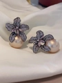 Elegant flower earrings with pink pearl droplets and sparkling crystal petals - E1293-Pink Zircon Pink Pearl