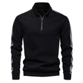 Detail of men's stand collar sweatshirt featuring grey side panels and a half-zip closure - Black