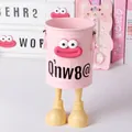 Pink iron desk pen holder with cute cartoon face and yellow legs for office storage - Girl Pink with Stickers and Feet / Girl Pink