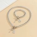 Halskette und Armband Set aus Silber-Cuban-Gliedern mit Strass-Schlüssel und Schloss - Silbernes Halsketten- und Armband-Set (2-teiliges Set)