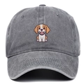Detailed embroidery of a cartoon beagle dog on a dark grey washed denim baseball cap - Gray