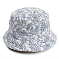 Detail of floral bucket hat featuring white and blue fern leaf pattern on cotton fabric - White Blue Leaf Print (015#)
