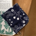 Mini floral embroidered cotton linen coin purse in navy blue and cream with metal ring - Denim Floral