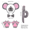Plush 5-piece grey and pink mouse costume set with ears headband and accessories - Gray Mouse Headband, Nose, Bow Tie, Tail, and Gloves