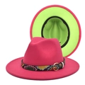 Détail d'un chapeau fedora bicolore rose rouge avec doublure vert néon et bande serpent - M (56-58cm) / Rose Rouge + Vert Fruit