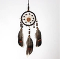 Bohemian car dreamcatcher pendant featuring dark brown beads and striped grey feathers - Bohemian Brown Style (B0193) / 7cm