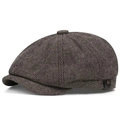 Classic newsboy cap with herringbone pattern and side metal buckle in dark grey brown - Khaki
