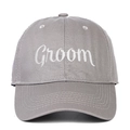 Detailed close-up of white Groom cursive embroidery on a grey cotton baseball cap - Groom (GROOM) / Gray