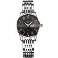 Classic silver steel quartz watch for women with black dial and day-date display - Silver Strap - Black Dial