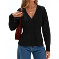 Elegant black ribbed knit cardigan with deep V-neck and slim fit waist for women - S / Black