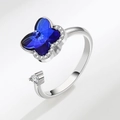 Adjustable silver ring with blue gemstone butterfly and zircon accents for women - AJ109 Silver Large Blue Butterfly