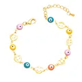 Golden bracelet with colorful evil eye beads and cutout smiley face charms on white background - Style C (Smiley/Evil Eye)