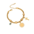 Golden woven bracelet with cross, St. Benedict crystal medal and turquoise bead - 5# Coin Bracelet