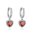 Close-up of heart-shaped red gemstone earrings with silver diamond halo and hoop clasp - White Gold Dark Red Zircon