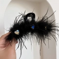 Elegant black feather hair claw clip with three sparkling heart rhinestones variant - 49# Black Feather Heart Rhinestone Claw