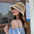 Women's knit bucket hat featuring beige, white and navy blue horizontal stripes - Colored Bucket Hat Khaki