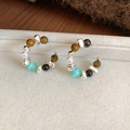 Detailed view of C-shaped earrings with tiger eye stone, pearl, and cat eye stone beads - Silver-Coffee