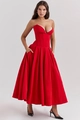 Detail of red strapless corset dress showing deep V neckline and functional pockets - XS / Dresses / Red
