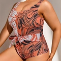 Plus size one-piece swimsuit with orange marble swirl print and waist tie detail - 2XL / Orange