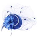 Elegant blue fascinator hat with veil, mesh netting, feathers and pearl accents - Blue