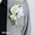 Elegant white rose wedding boutonniere for groom on grey blazer lapel detail - White