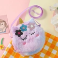 Detailed macro of unicorn plush bag showing vibrant gradient fur and sequin flowers - Tie-Dye Purple