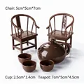 Miniature brown Chinese tea set and armchair figurines for birthday cake decoration - Plastic Teapot and Chair
