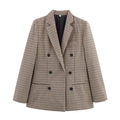 Brown houndstooth double-breasted blazer for women with vintage check pattern style - S / Brown