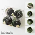 Set di 4 palline di Natale in velluto verde scuro con motivi glitter oro e perle - verde scuro