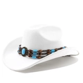 Detail of white suede cowboy hat with ethnic beaded band and blue turquoise pendant - M(56-58cm) / Pure White