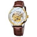 Men's two-tone skeleton automatic watch with brown leather strap and crystal markers - Brown Leather Strap Gold Case White Dial