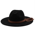 Classic black wide-brim fedora hat with a brown leather decorative band on a white background - M (56-58cm) / Black