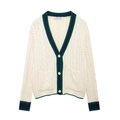 Gilet en maille pour femme avec col en V, maille torsadée et rayures contrastées - S / Blanc laiteux