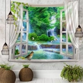 Arazzo da parete 3D vista natura con cascata nella foresta e cornice bianca - 150x130cm / Cascata Della Foresta Della Finestra 3D