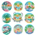 DIY Diamond Painting Coasters set with beach patterns and black metal holder - Summer Seaside Illustration Style