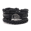 Men's multilayer black braided leather bracelet featuring a metal Tree of Life pendant - All Black Multi-layer Tree Of Life / Style 1 (RH177)