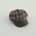Close-up of retro plaid baker boy hat with brown leather brim and wool tweed texture - 50-52cm (2-5 Years) / Coffee