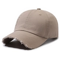 Distressed cotton baseball cap in khaki with vintage worn-out details and frayed brim - Deep Beige