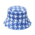 Blue and white houndstooth plush bucket hat in soft faux fur for winter warmth - Blue