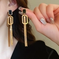Golden tassel earrings featuring black square studs and oval frames on a model - 35# Black Square Tassel (35# S925 Post-Gold)