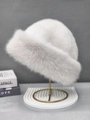 Detail view of the thick plush texture and soft grey faux fur on this winter bucket hat - One Size / White