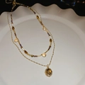 Collana a doppio strato dorata con perline e ciondolo ovale in occhio di tigre nel vassoio - Stile a Doppio Strato / Oro e Marrone (34)
