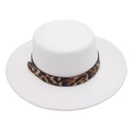 Detail of white wide brim boater hat featuring leopard print band and gold buckle accent - One Size / White