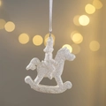 Sparkling white rocking horse Christmas ornament with glitter finish and white ribbon - Crystal Pendant Silver Knight