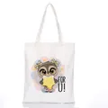 White canvas tote bag featuring a cute cartoon owl print and FOR U message - Style C8 / No Zipper No Inner Pocket