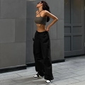 Women's streetwear set with dark grey halter neck top and black loose drawstring cargo pants - S / Black