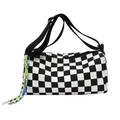 Checkerboard crossbody boston bag in black and white canvas with green lanyard detail - Black With Rabbit Pendant